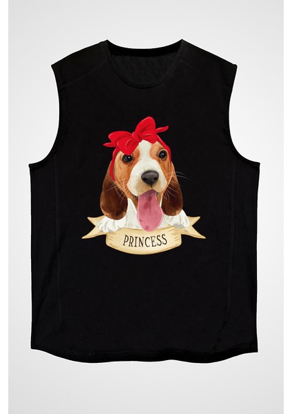 Prenses Beagle Siyah Unisex Kolsuz Kesik Kol T-Shirt