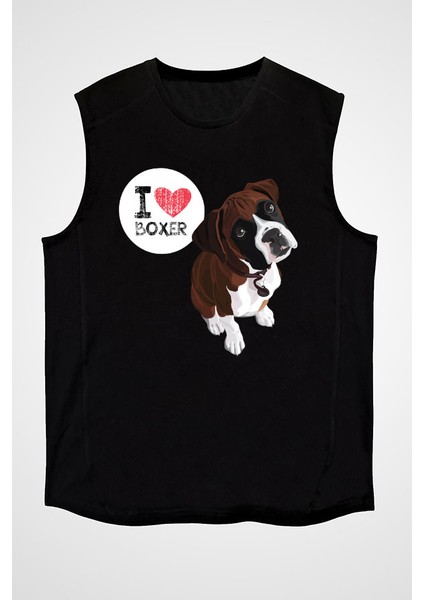Boxer Seviyorum Siyah Unisex Kolsuz Kesik Kol T-Shirt