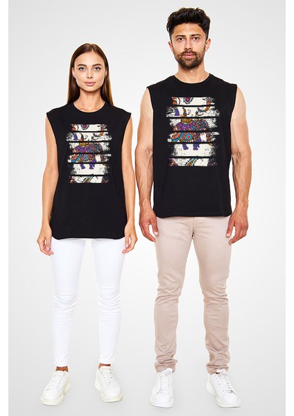 Buta Desenli Fil Siyah Unisex Kolsuz Tişört Kesik Kol T-Shirt fiyatları