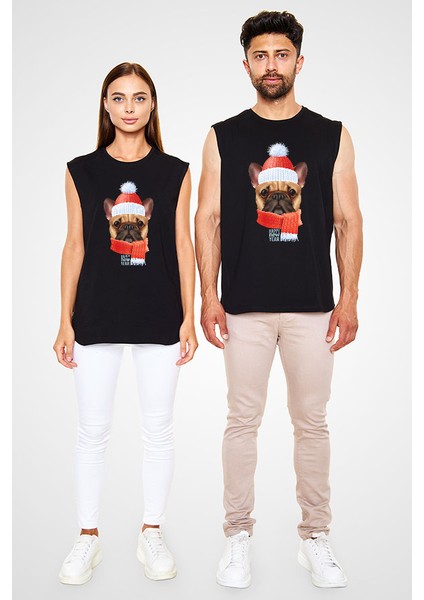Yeni Yıl Buldog Siyah Unisex Kolsuz Tişört Kesik Kol T-Shirt fiyatları