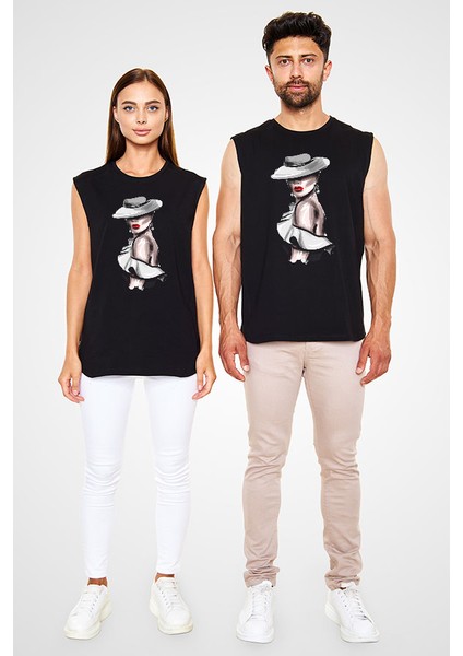 Tek Omuz ve Şapka Tarzı Siyah Unisex Kolsuz Tişört Kesik Kol T-Shirt fiyatları
