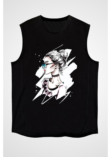 Fashion Girl Siyah Unisex Kolsuz Tişört Kesik Kol T-Shirt