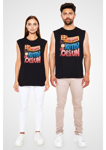 23 Nisan Ulusal Egemenlik ve Çocuk Bayramı Siyah Unisex Kolsuz Tişört Kesik Kol T-Shirt fiyatları