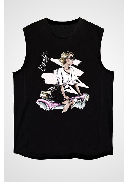 Motosikletli Kız Benim Tarzım Moda Siyah Unisex Kolsuz Kesik Kol T-Shirt