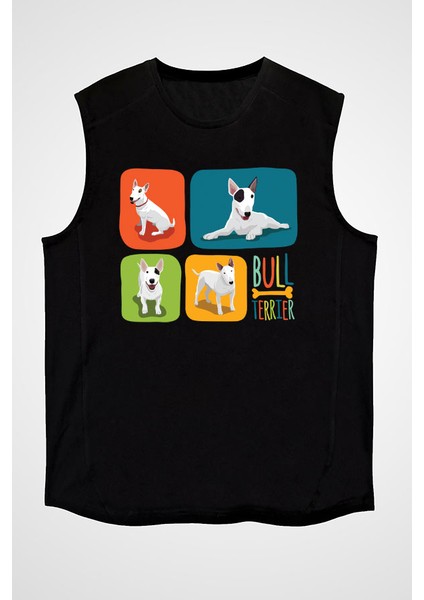 Renkli Bull Teriyer Siyah Unisex Kolsuz Tişört Kesik Kol T-Shirt