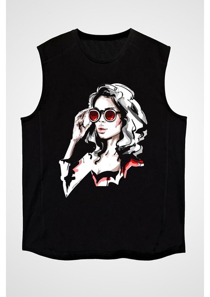 Gözlüklü Kız Moda Siyah Unisex Kolsuz Tişört Kesik Kol T-Shirt