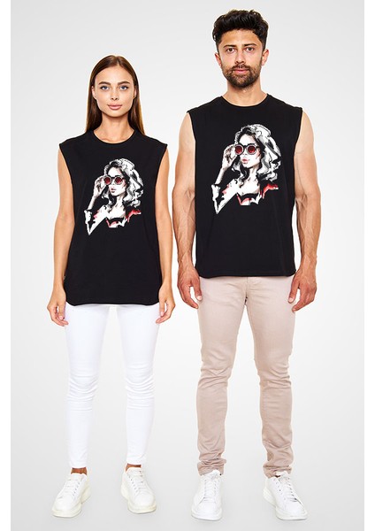 Gözlüklü Kız Moda Siyah Unisex Kolsuz Tişört Kesik Kol T-Shirt fiyatları