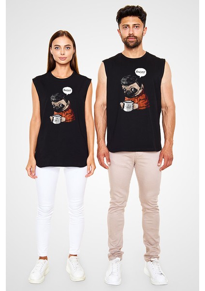 Kahve Seven Pug Siyah Unisex Kolsuz Tişört Kesik Kol T-Shirt fiyatları