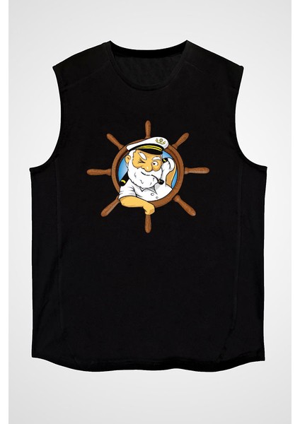 Kaptan Siyah Unisex Kolsuz Tişört Kesik Kol T-Shirt