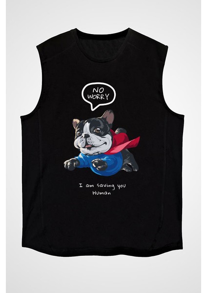 Süper Buldog Siyah Unisex Kolsuz Tişört Kesik Kol T-Shirt