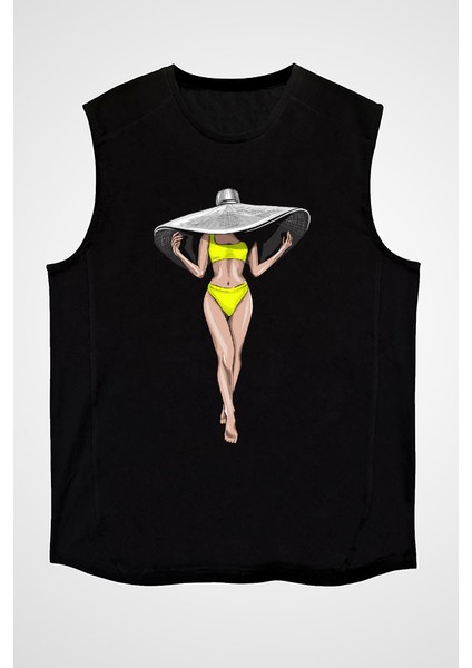 Büyük Hasır Şapka Trend Siyah Unisex Kolsuz Tişört Kesik Kol T-Shirt