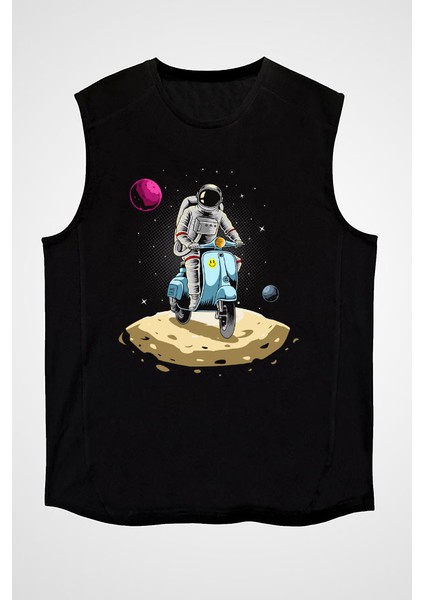 Scooter Süren Astronot Siyah Unisex Kolsuz Kesik Kol T-Shirt