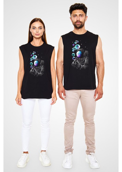 Astronot ve Baloncuklar Siyah Unisex Kolsuz Tişört Kesik Kol T-Shirt fiyatları