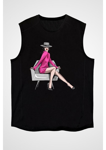 Fushia Tarzı Siyah Unisex Kolsuz Tişört Kesik Kol T-Shirt