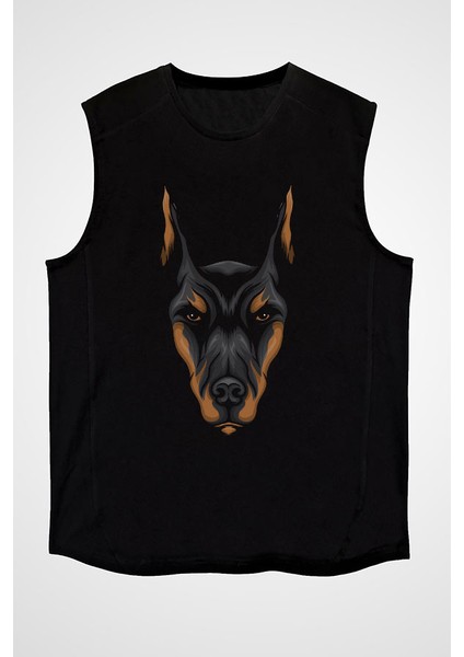 Doberman Yüzü Siyah Unisex Kolsuz Tişört Kesik Kol T-Shirt