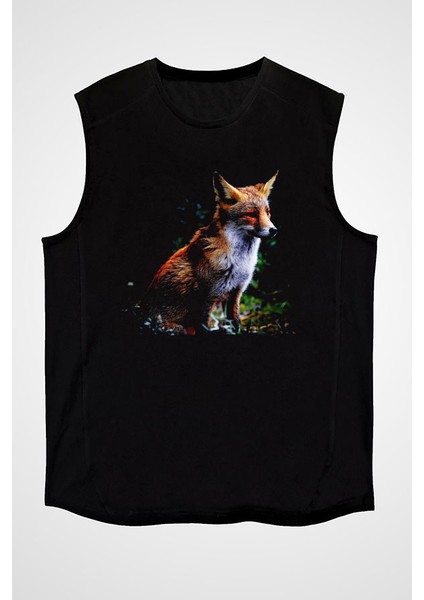 Tilki Siyah Unisex Kolsuz Tişört Kesik Kol T-Shirt