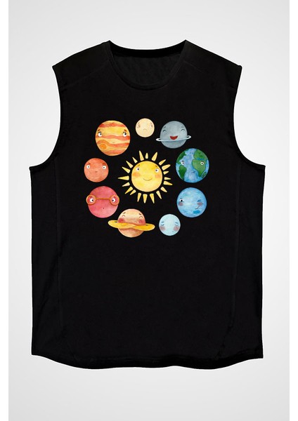Güneş Sistemi Gezegenler Siyah Unisex Kolsuz Tişört Kesik Kol T-Shirt