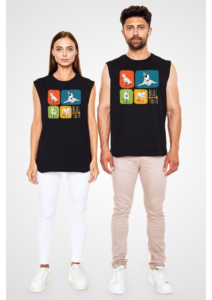 Renkli Bull Teriyer Siyah Unisex Kolsuz Tişört Kesik Kol T-Shirt fiyatları