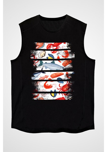 Somon Dilimi Sokak Midyesi Mürekkep Balığı Siyah Unisex Kolsuz Tişört Kesik Kol T-Shirt