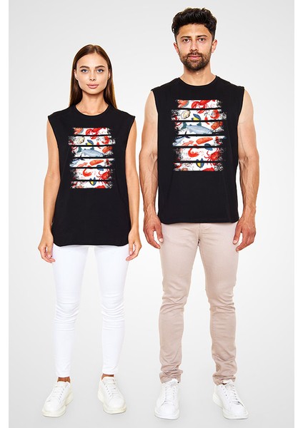 Somon Dilimi Sokak Midyesi Mürekkep Balığı Siyah Unisex Kolsuz Tişört Kesik Kol T-Shirt fiyatları