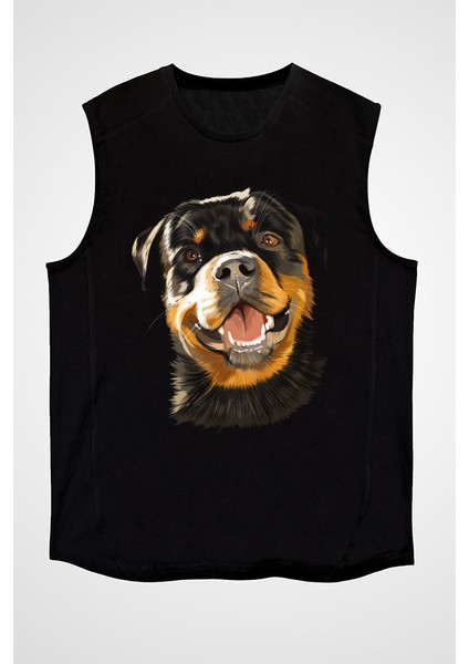 Sevimli Dostum Rottweiler Siyah Unisex Kolsuz Tişört Kesik Kol T-Shirt