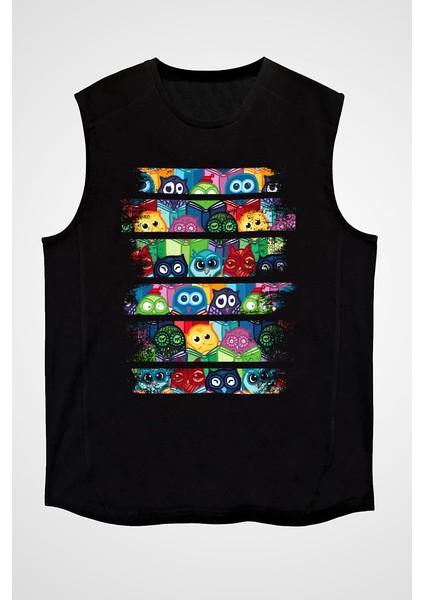 Rengarenk Baykuşlar Siyah Unisex Kolsuz Tişört Kesik Kol T-Shirt