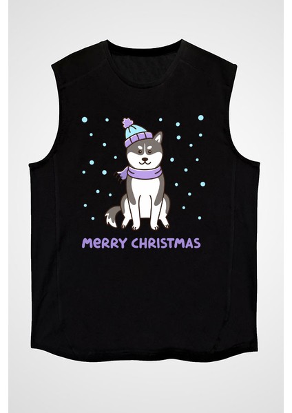 Yılbaşı Sibirya Kurdu Husky Haski Siyah Unisex Kolsuz Tişört Kesik Kol T-Shirt