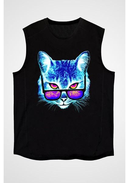 Gözlüklü Kedi Siyah Unisex Kolsuz Tişört Kesik Kol T-Shirt
