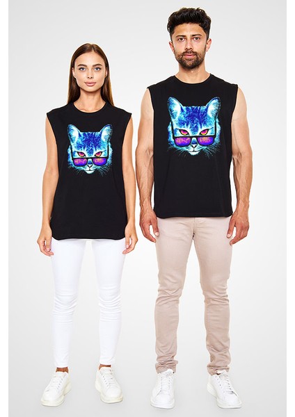 Gözlüklü Kedi Siyah Unisex Kolsuz Tişört Kesik Kol T-Shirt fiyatları