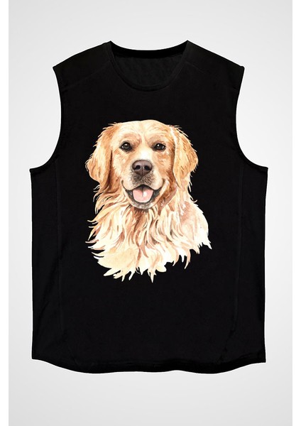 Hadi Oynayalım Golden Retriever Siyah Unisex Kolsuz Tişört Kesik Kol T-Shirt
