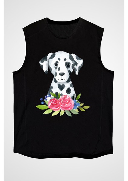 Çiçekleri Içinde Dalmaçyalı Siyah Unisex Kolsuz Tişört Kesik Kol T-Shirt