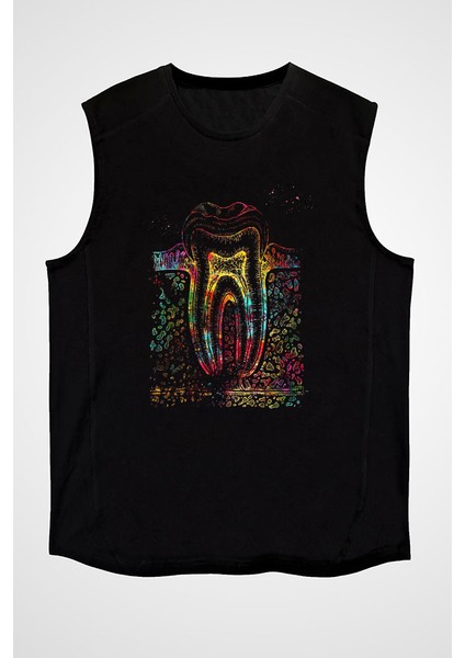 Diş Diyagramı Diş Hekimi Siyah Unisex Kolsuz Tişört Kesik Kol T-Shirt