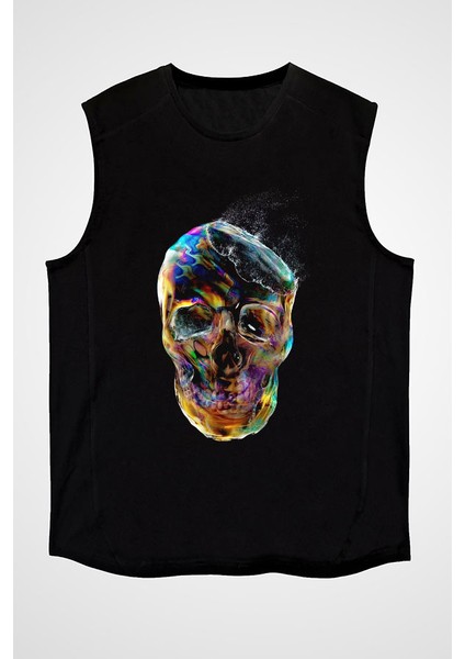 Patlayan Balon Kuru Kafa Siyah Unisex Kolsuz Tişört Kesik Kol T-Shirt