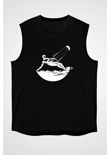 Uçurtma Kayağı - Kite Board Siyah Unisex Kolsuz Tişört Kesik Kol T-Shirt