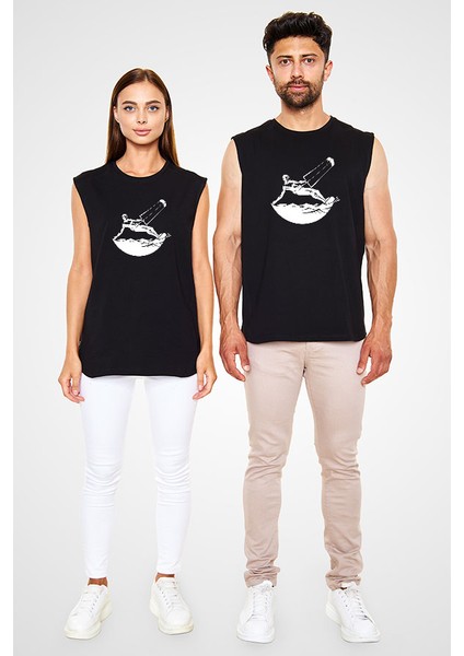 Uçurtma Kayağı - Kite Board Siyah Unisex Kolsuz Tişört Kesik Kol T-Shirt