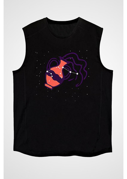 Kova Burcu Siyah Unisex Kolsuz Tişört Kesik Kol T-Shirt