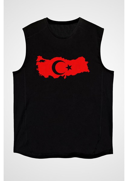 Türkiye Haritası Siyah Unisex Kolsuz Tişört Kesik Kol T-Shirt