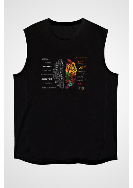 Sağ ve Sol Beyin Siyah Unisex Kolsuz Tişört Kesik Kol T-Shirt
