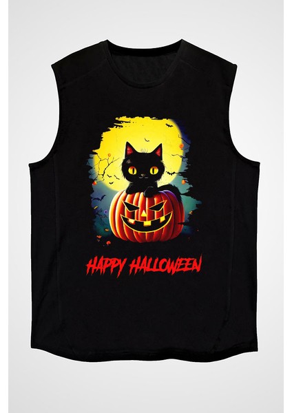 Halloween Kedicik Siyah Unisex Kolsuz Tişört Kesik Kol T-Shirt