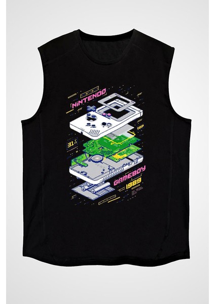 Retro Gameboy Siyah Unisex Kolsuz Tişört Kesik Kol T-Shirt