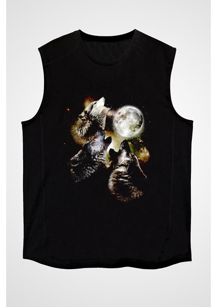 Uluyan Kurtlar Siyah Unisex Kolsuz Tişört Kesik Kol T-Shirt