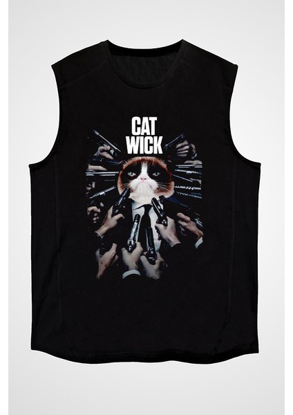 Kedi Wick Siyah Unisex Kolsuz Tişört Kesik Kol T-Shirt