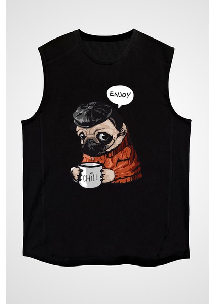 Kahve Seven Pug Siyah Unisex Kolsuz Tişört Kesik Kol T-Shirt