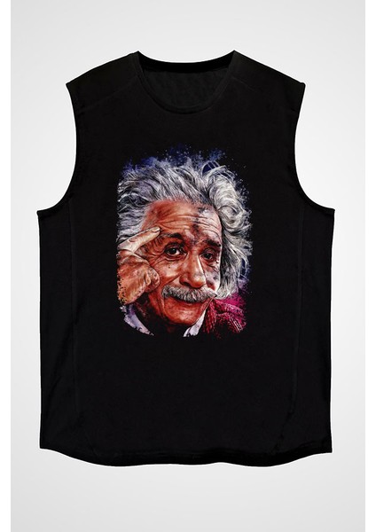 Albert Einstein Çizim Siyah Unisex Kolsuz Tişört Kesik Kol T-Shirt