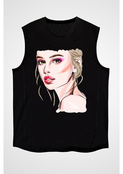 Güzel Kız Siyah Unisex Kolsuz Tişört Kesik Kol T-Shirt