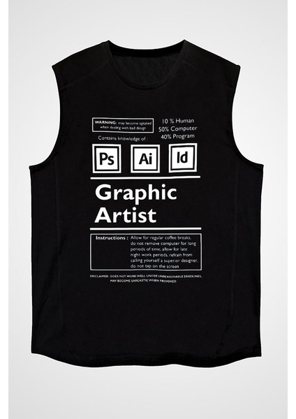 Grafiker Dizayner Siyah Unisex Kolsuz Tişört Kesik Kol T-Shirt