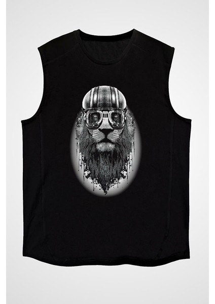 Pilot Aslan Siyah Unisex Kolsuz Tişört Kesik Kol T-Shirt