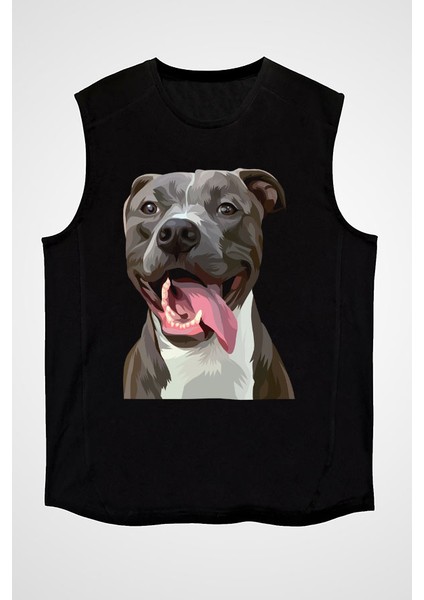 Sevimli Pitbull Siyah Unisex Kolsuz Tişört Kesik Kol T-Shirt
