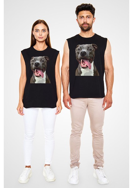 Sevimli Pitbull Siyah Unisex Kolsuz Tişört Kesik Kol T-Shirt fiyatları