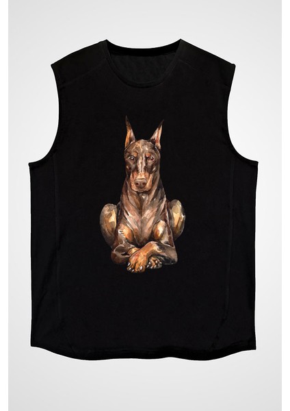 Dost Doberman Siyah Unisex Kolsuz Tişört Kesik Kol T-Shirt